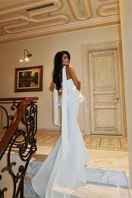 Eyyo White Benedita Stylish Long Strapless Dress with Halter Neck Scarf Detail Ate-3520- Trendyol Eyyo White Benedita Stylish Long Strapless Dress with Halter Neck Scarf Detail Ate-3520- Trendyol
