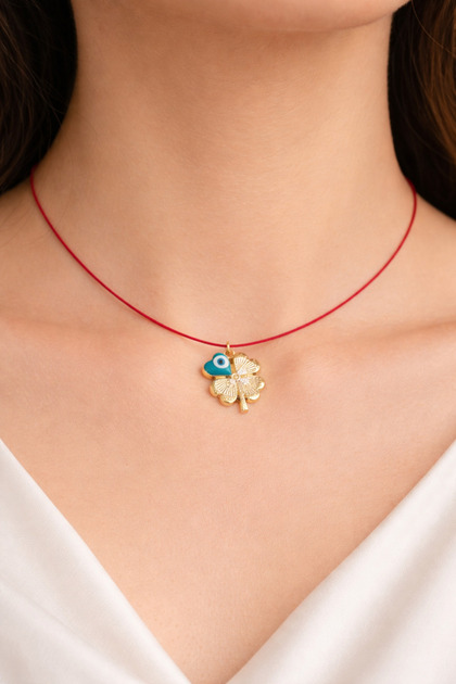 Red String Evil Eye Detailed Clover Necklace for Luck and Protection - Does Not Turn Black