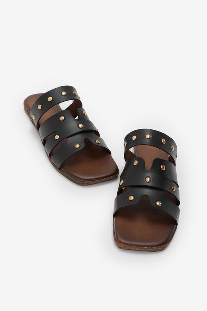 Women's Black Thermo Sole Flat Buckle Detailed Slippers