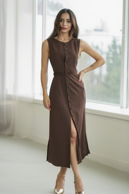 Brown Gabardine Belted Multi-Button Long Dress - 5002