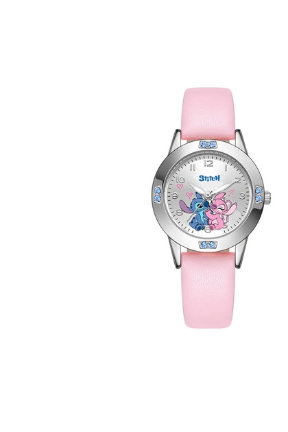 pink Disney Stitch Girl's Watches Diamond Quartz Watch for Women Stich Cartoon Leather Wristwatches