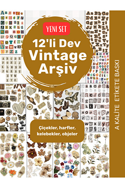 12'li Vintage Sticker Etiket Seti 2 - Planner Ajanda Telefon Tablet Laptop Bullet Journal Etiket