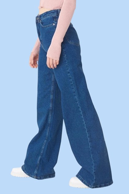Molino Women's Dark Blue High Waist Lycra Comfortable 90's Wide Leg Denim Pants