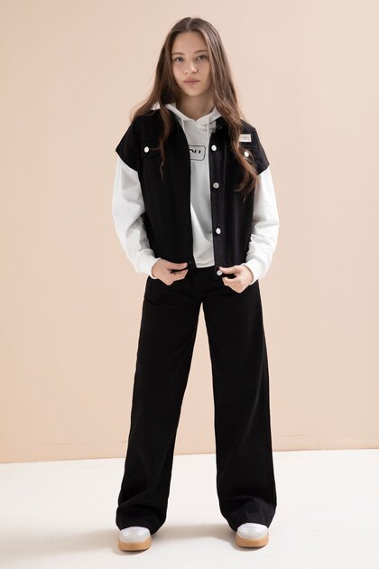Girl's Hooded 3-Piece Set with Black Buttoned Zero-Sleeve Vest and Wide-Leg Pants 23602