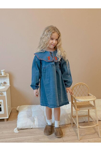 Girls' Festive Collared Denim Dress