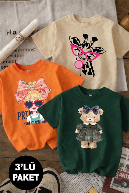 Giraffe and Teddy Bear Printed 3-Pack Orange-Beige-Green Girls' T-Shirt