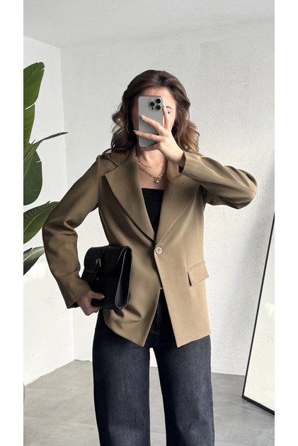 Women's Khaki Oversize Blazer Jacket Single Button Classic Office Jacket Stylish Casual Fabric Jacket