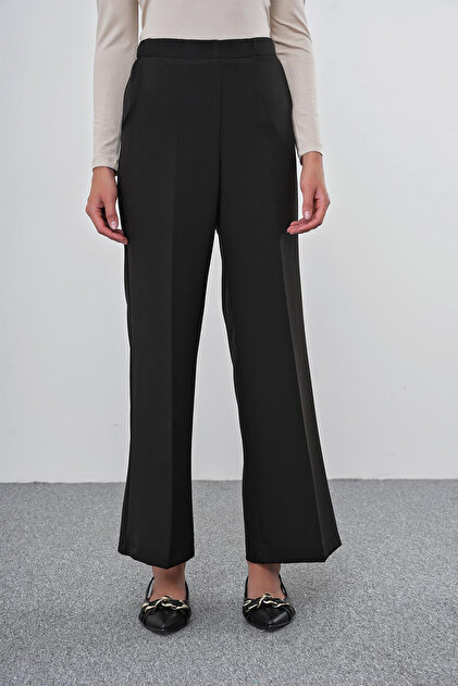 Wide Leg Fabric Black Trousers with Bell Bottoms and Rubber Detail P-0102