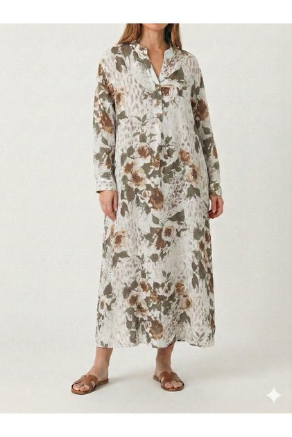 Italian Beige Floral Patterned Oversize Long Linen Dress