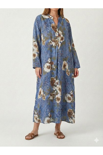 Italian Blue Floral Patterned Oversize Long Linen Dress