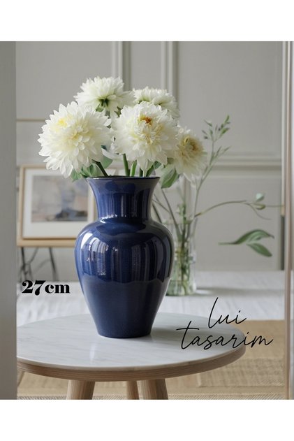 Sade Bohem Tarz Koyu Mavi Cam Vazo 27 cm, Şık Dekoratif Parça
