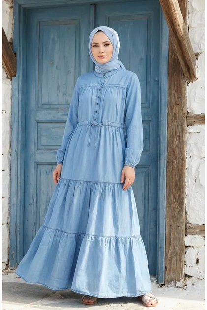 Tencel Fabric Waist Tie Buttoned Denim Dress 0901-01 Blue