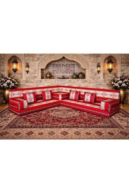 Traditional Arabic Majlis Floor Sofa Set, Red and Beige Geometric Pattern, L-Shaped Corner Sec