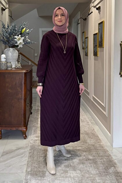 Rochie tricotată Yağmur, culoare prună