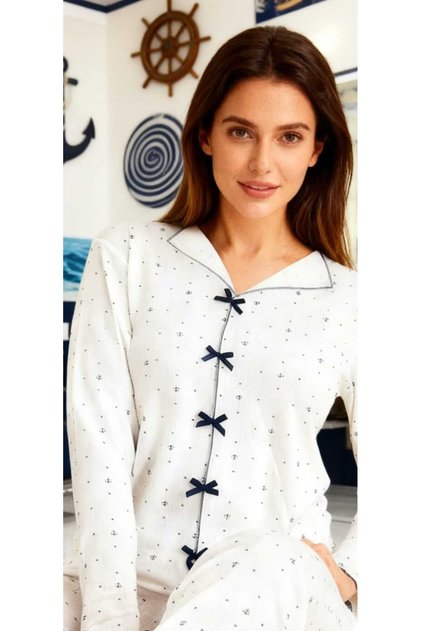Navy Blue Marine Pattern White Color Wrinkled Fabric Women's Pajama Set