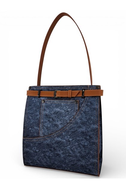Tan Belted Jean-Look Women's Shoulder Bag with Pocket Detail