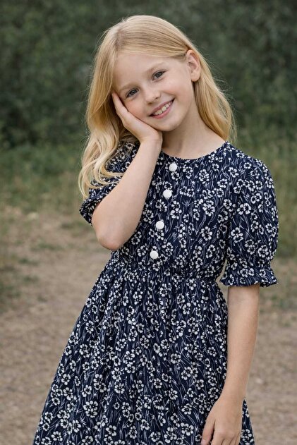 krm kerem bebe Half Sleeve Elastic Waist Floral Black Summer Girls' Dress-  Trendyol