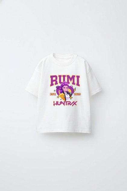 Tricou premium Rumi Huntrix pentru fete, 100% bumbac, cu guler tip bicicletă