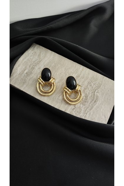 Pirinç Gold Renk Siyah Taşlı Vintage Küpe