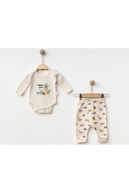 100% Cotton Soft Textured Ribbed Fabric Safari Patterned Baby Boy 2-Piece Bodysuit Set