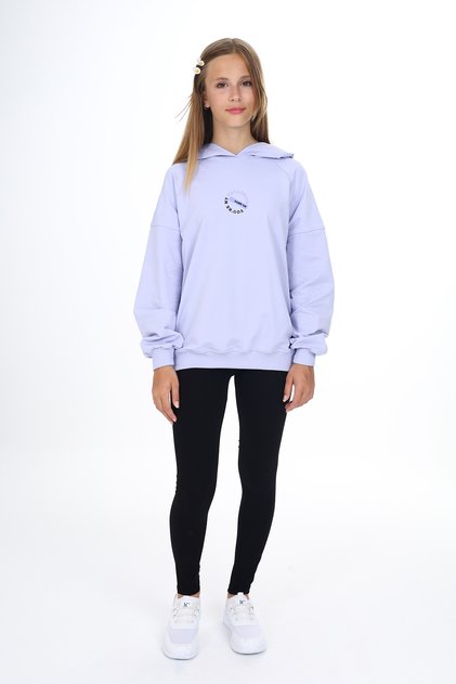 Girl's 2-Piece Set Printed Hooded Off-Shoulder Sweatshirt & Basic Plain Leggings