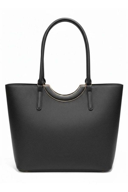 Black Women’s Structured Tote Handbag – Solid Textured Finish, Dual Top Handle