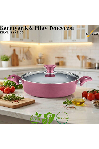 Arzu Çelik 28 Cm Granit Karnıyarık & Pilav Tenceresi Cam Kapak