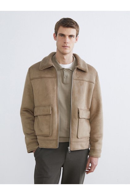 Beige Standard Fit Fur Collar Men's Suede Coat