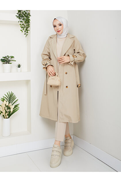 Sleeve & Waist Belted Buttoned Trench Coat Mde1103013