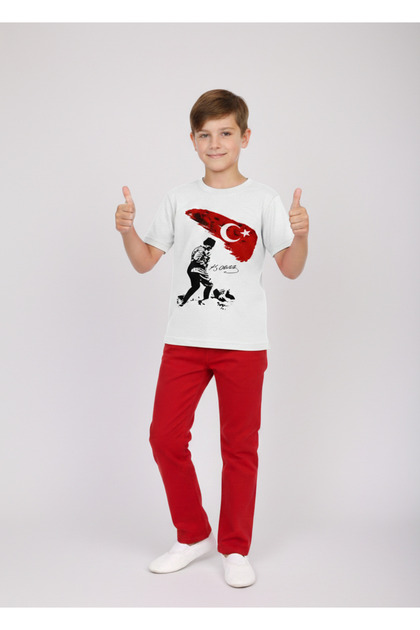 Boy's Ataturk Printed T-Shirt and Red Linen Trousers Set for April 23Rd and Special Occasions