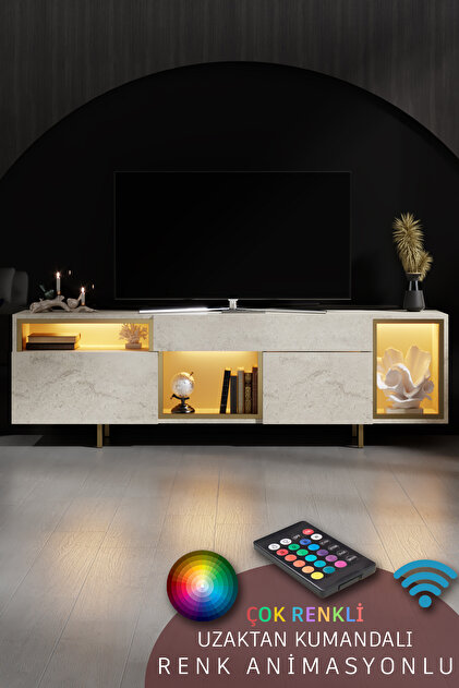 NORM TV ÜNİTESİ RGB LED IŞIKLI GOLD DEMİR AYAKLI RAFLI DOLAPLI TRAVERTEN TV SEHPASI