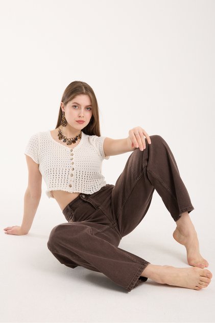 Kahve Spreli Beggy Kadın Kot Pantolon Yüksek Bel Günlük Jean Baggy