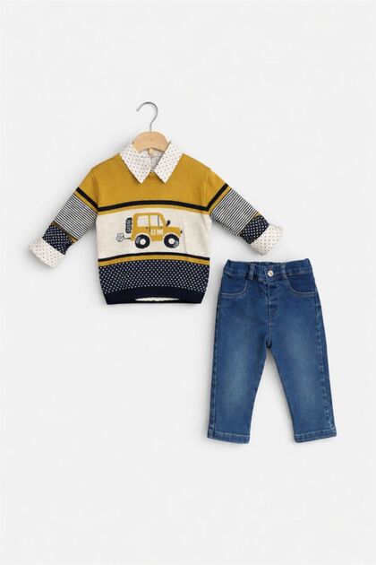 Baby Boy Retro Car Patterned Knitwear & Shirt Denim 3-Piece Set