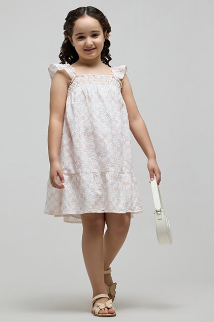 Girl's Cream Schiffli Dress with Square Neck and Ruffle Sleeves