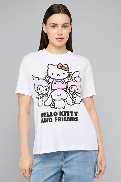 Women's Cream Hello Kitty & Friends Print T-Shirt with Crew Neck and Short Sleeves