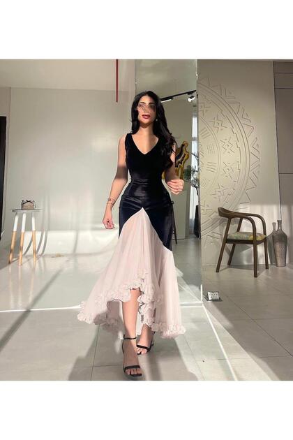 Razan Fashion Elegant and attractive women's dress in two colors: a mix of  black velvet and loose beige georgette.- Trendyol