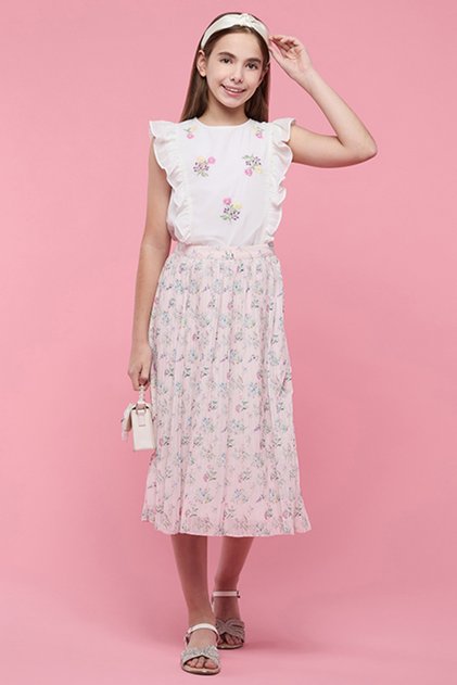 Girl's Cream Embroidered Top & Printed Skirt Set