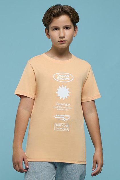 Boy's Orange Printed T-Shirt with Crew Neck and Short Sleeves