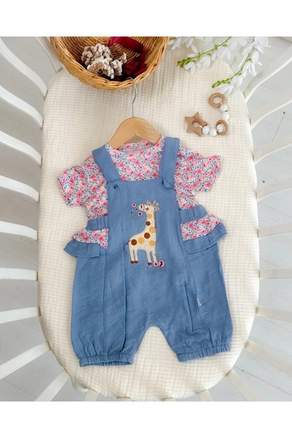 Floral Giraffe Embroidered Summer Baby Girl Outfit with Suspenders