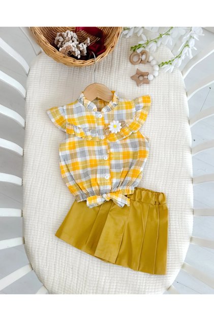 Summer Baby Girl Outfit with Gingham Shirt and Skirt-Like Shorts