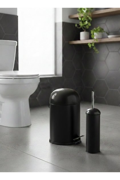 Metal Bon Kapak Amörtisörlü 5 LT Siyah Çöp Kovası Tuvalet Fırçası Banyo Seti Hijyenik İç Kovalı