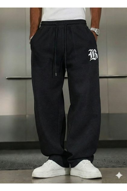Black 3 Thread Thick Winter Baggy Sweatpants |   Oversize Relaxed Fit Regular Waist Wide-Minimal Print