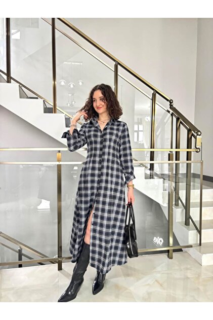 Sude Kzanlkl Plaid Pattern Midi Length Shirt Dress- Trendyol