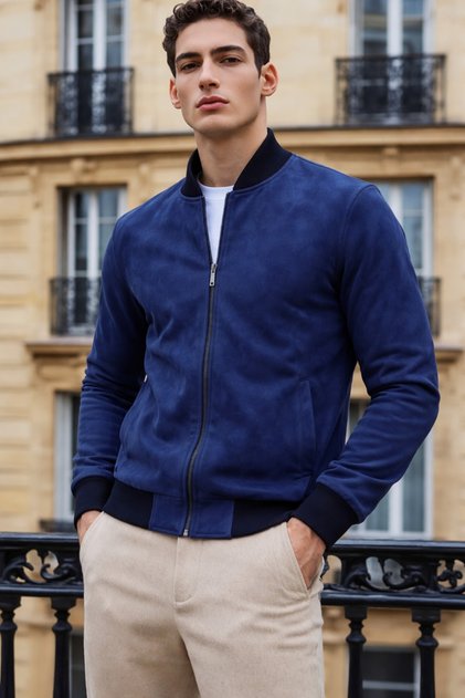Men's Trend Slim Fit Unlined Nubuck Suede Navy Blue Jacket