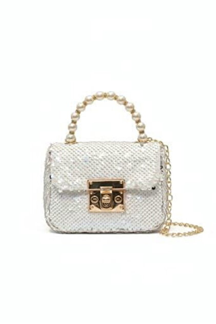 Mini Girls' Festive, Daily, Stylish Shoulder Bag with Pearl Handle and Shiny Sequin Chain Strap