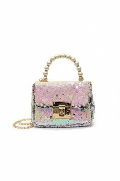 Mini Girls' Festive, Daily, Stylish Shoulder Bag with Pearl Handle and Shiny Sequin Chain Strap