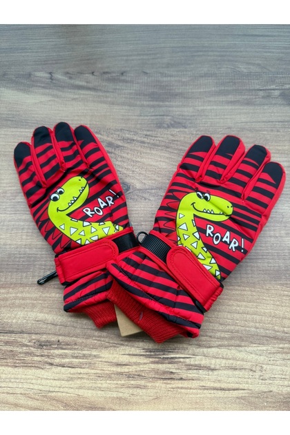 Red Color Lined Children's Ski and Snow Gloves with Dinosaur Characters for Ages 7-10