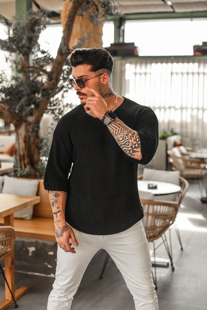 Open Collar Oversize Knitwear Tshirt Black
