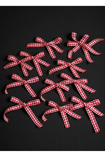 20 Pieces of Gingham Ready-Made Red Plaid Pattern Bow Ribbon (10mm)
