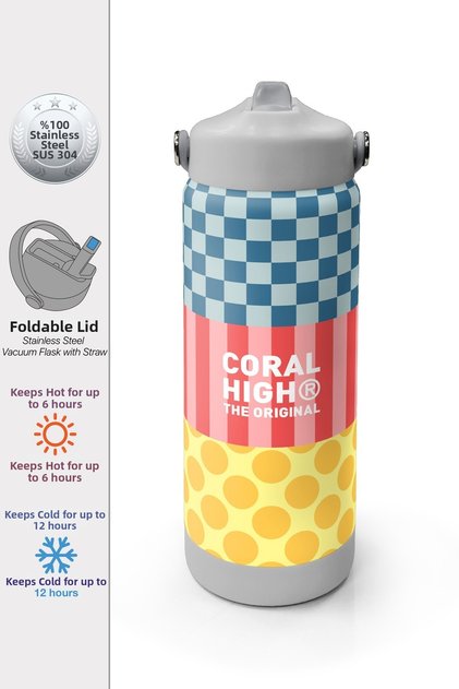 Multi-Colored Checkered Polka Dot Patterned Folding Spout Steel Thermos 650 ml 38304